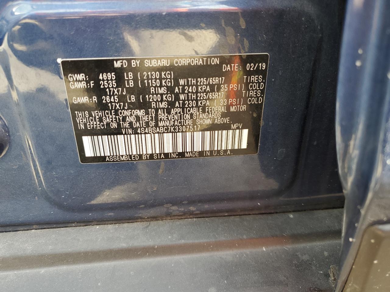 2019 Subaru Outback VIN 4S4BSABC7K3307517 Copart auction photo, rear end / side damage thumbnail 16