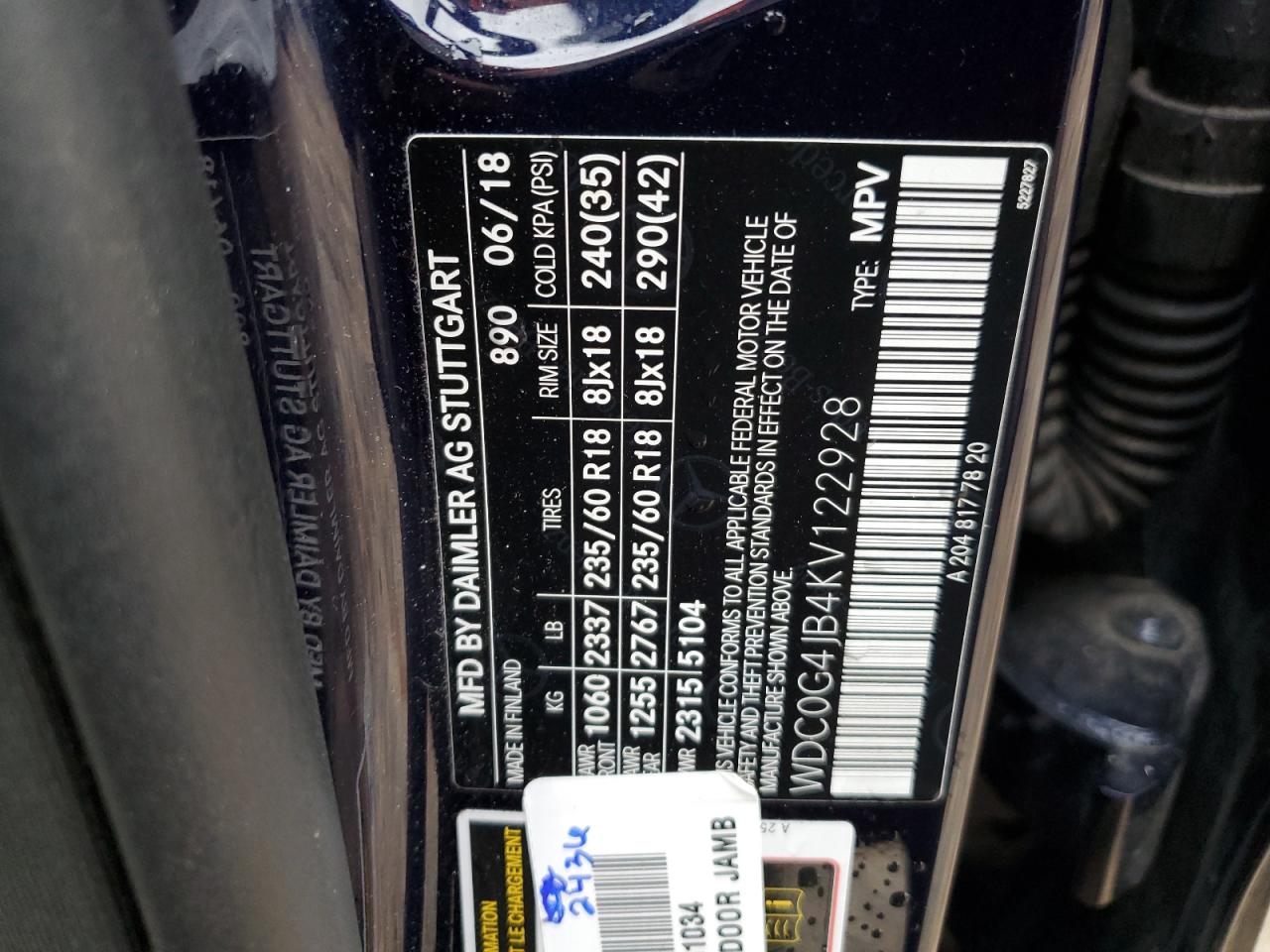 2019 Mercedes-Benz GLC VIN WDC0G4JB4KV122928 Copart auction photo, front end damage thumbnail 15