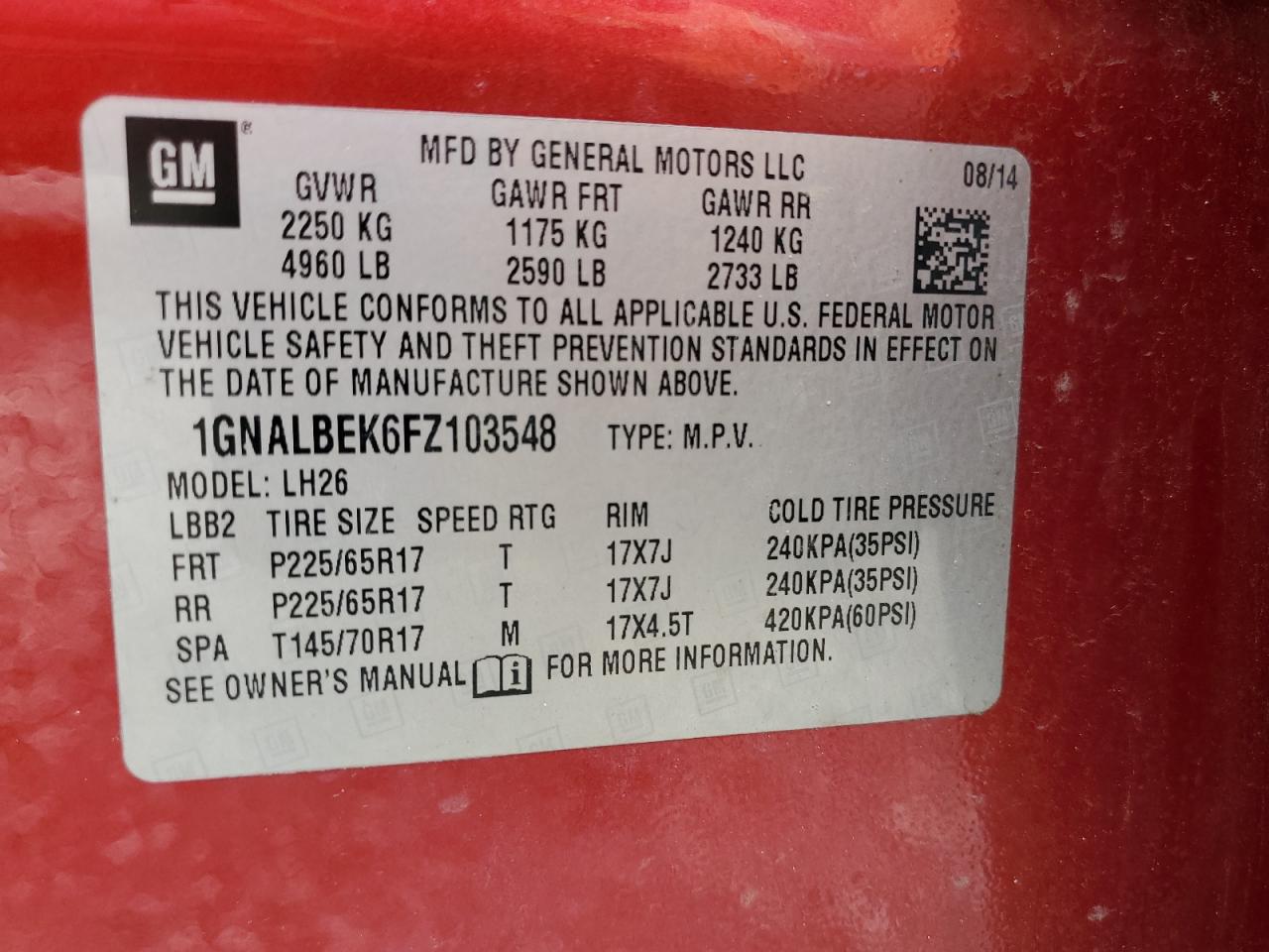 2015 Chevrolet Equinox VIN 1GNALBEK6FZ103548 Copart auction photo, front end / rear end damage thumbnail 12