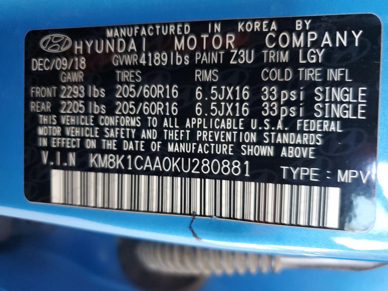 2019 Hyundai Kona VIN KM8K1CAA0KU280881 Copart auction photo, front end damage thumbnail 15