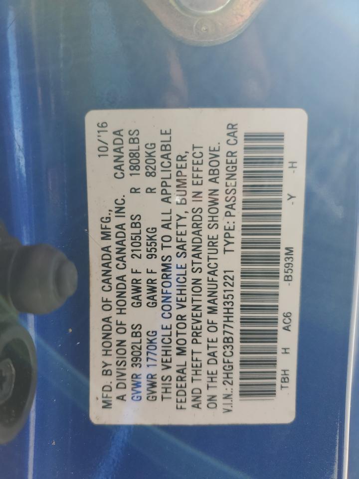 2017 Honda Civic VIN 2HGFC3B77HH351221 Copart auction photo, front end / hail damage thumbnail 15