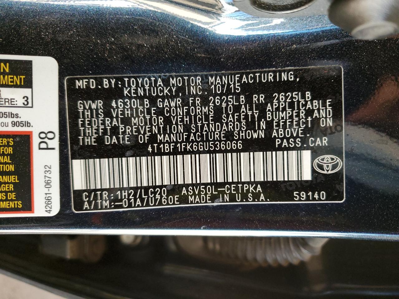 2016 Toyota Camry VIN 4T1BF1FK6GU536066 Copart auction photo, front end damage thumbnail 12