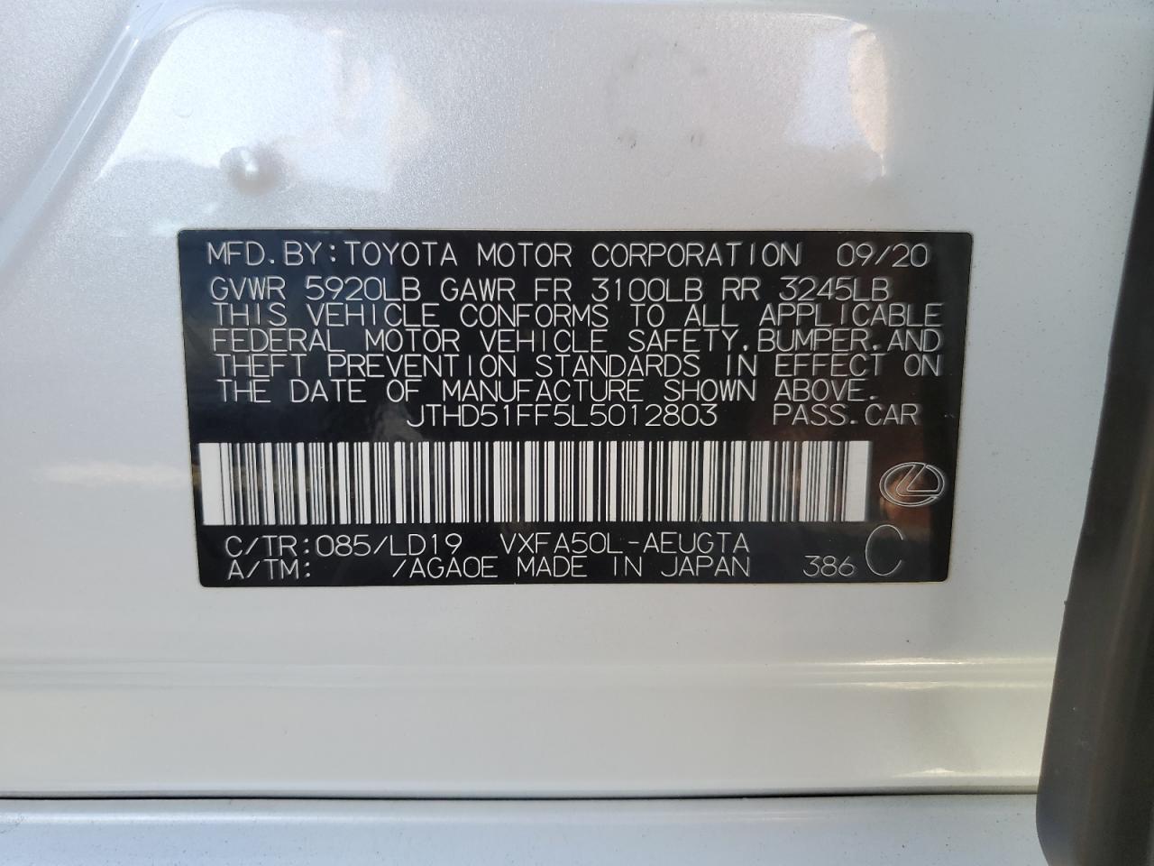 2020 Lexus LS VIN JTHD51FF5L5012803 Copart auction photo, all over / undercarriage damage thumbnail 13