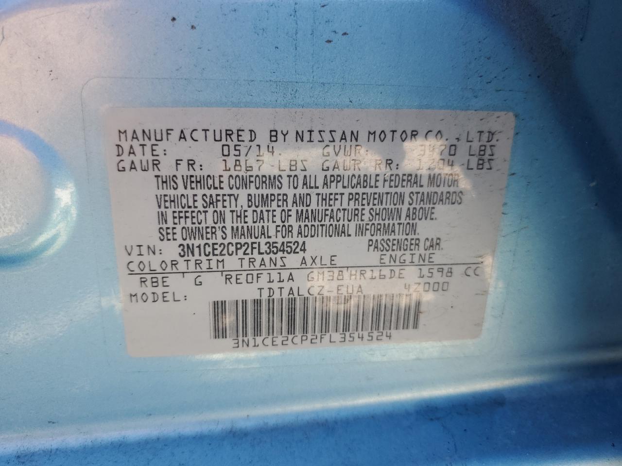 2015 Nissan Versa VIN 3N1CE2CP2FL354524 Copart auction photo, rear end / minor dent/scratches damage thumbnail 13