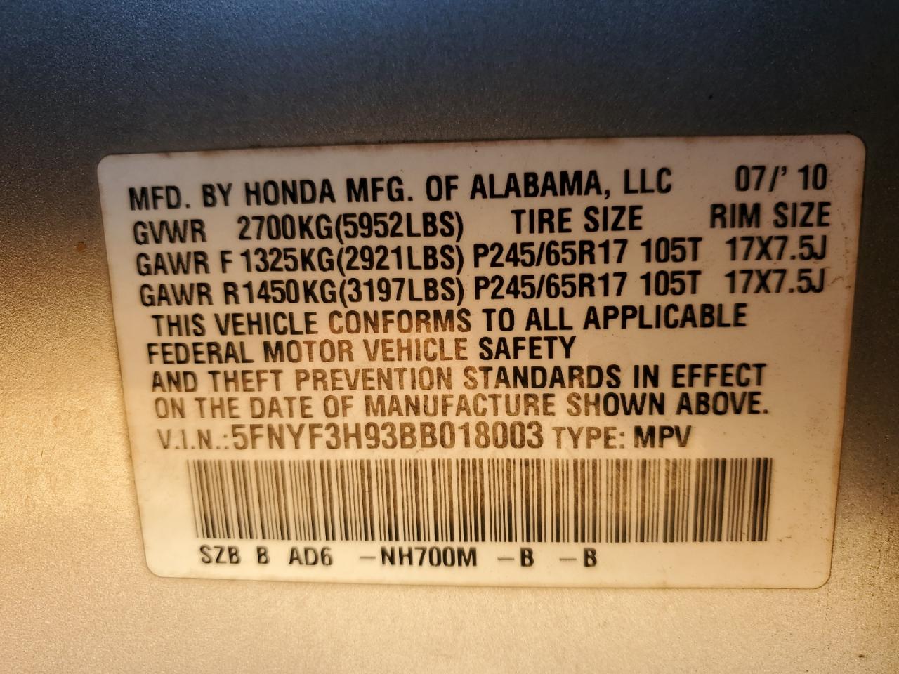 2011 Honda Pilot VIN 5FNYF3H93BB018003 Copart auction photo, front end damage thumbnail 13