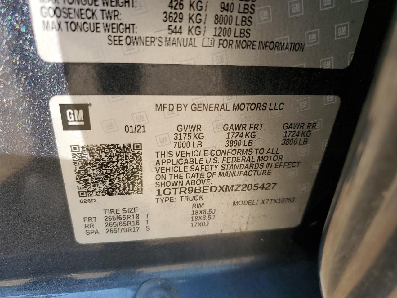2021 GMC Sierra VIN 1GTR9BEDXMZ205427 Copart auction photo, front end / undercarriage damage thumbnail 14