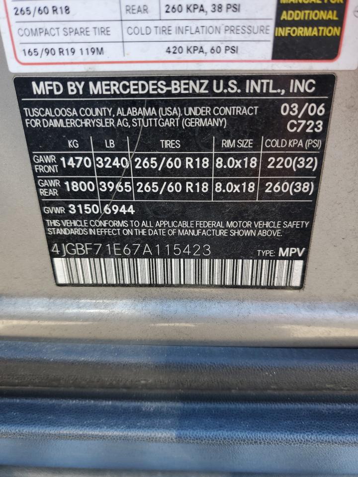 2007 Mercedes-Benz GL-klasse VIN 4JGBF71E67A115423 Copart auction photo, all over damage thumbnail 13