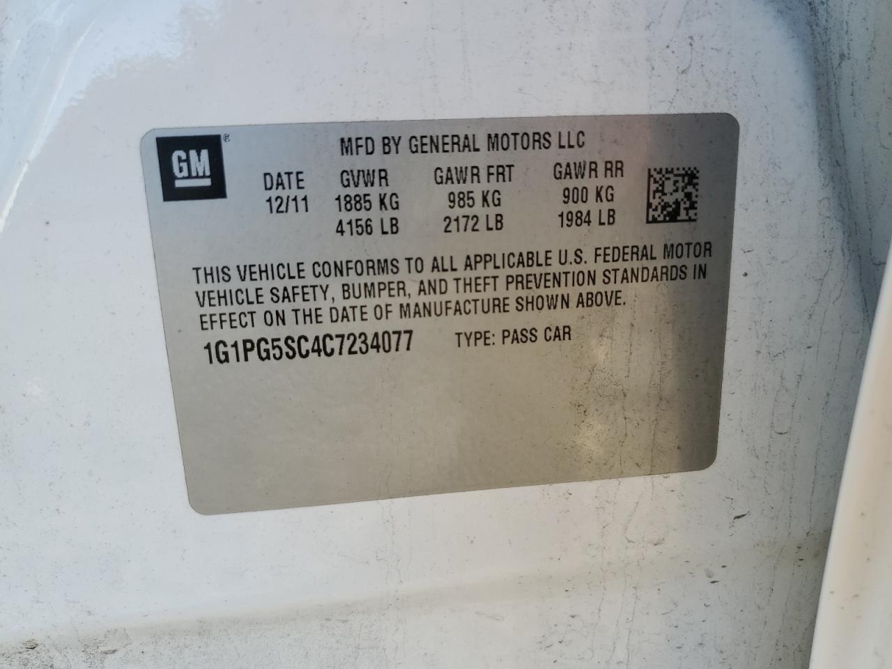2012 Chevrolet Cruze VIN 1G1PG5SC4C7234077 Copart auction photo, front end / minor dent/scratches damage thumbnail 14