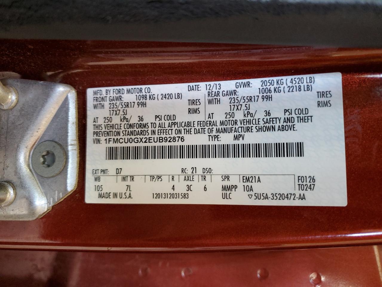 2014 Ford Escape VIN 1FMCU0GX2EUB92876 Copart auction photo, front end damage thumbnail 14