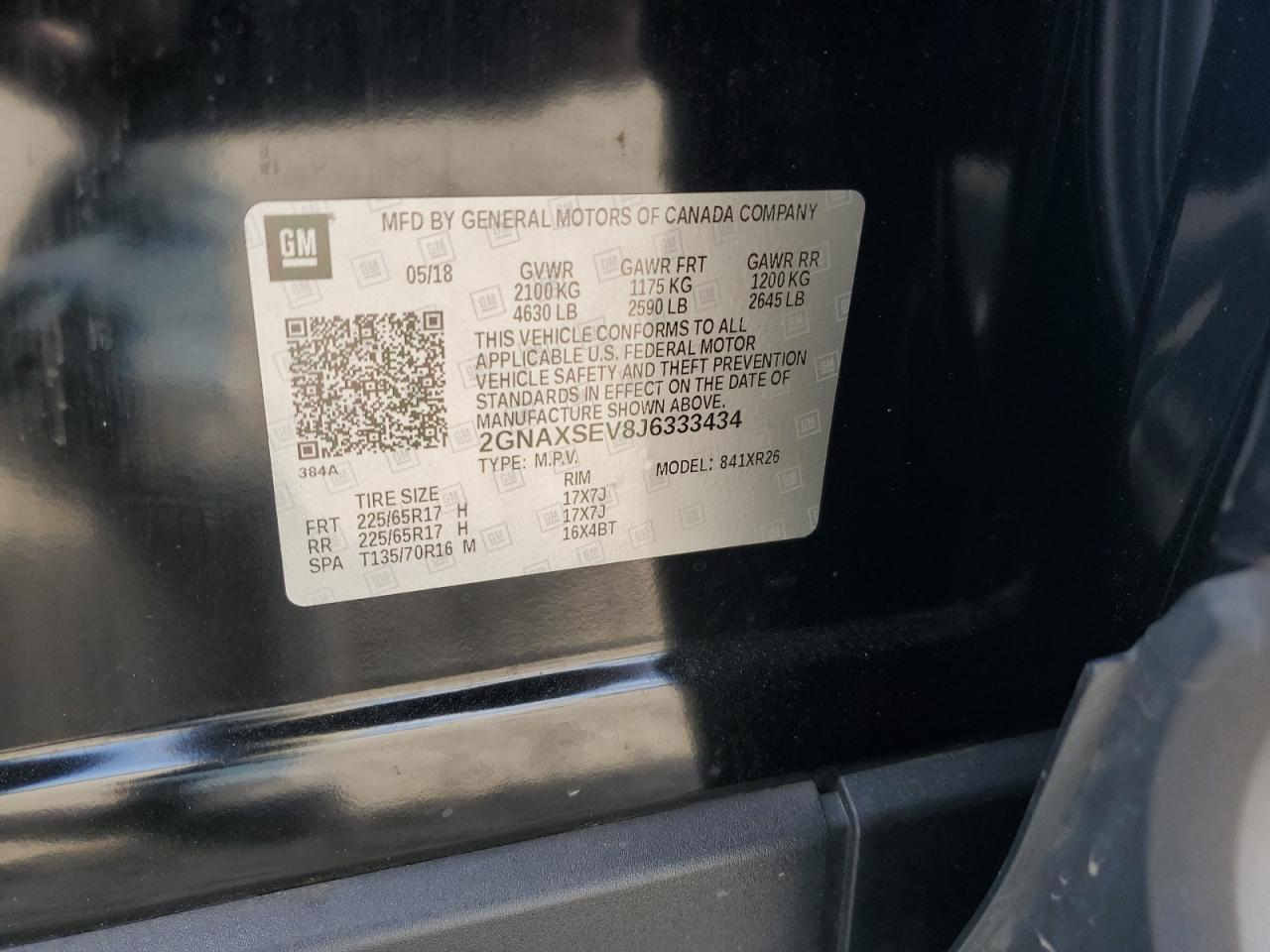 2018 Chevrolet Equinox VIN 2GNAXSEV8J6333434 Copart auction photo, front end / side damage thumbnail 15