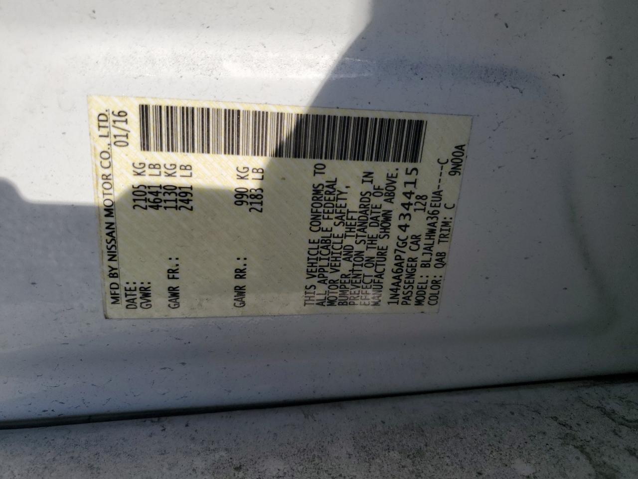 2016 Nissan Maxima VIN 1N4AA6AP7GC434415 Copart auction photo, front end / side damage thumbnail 14