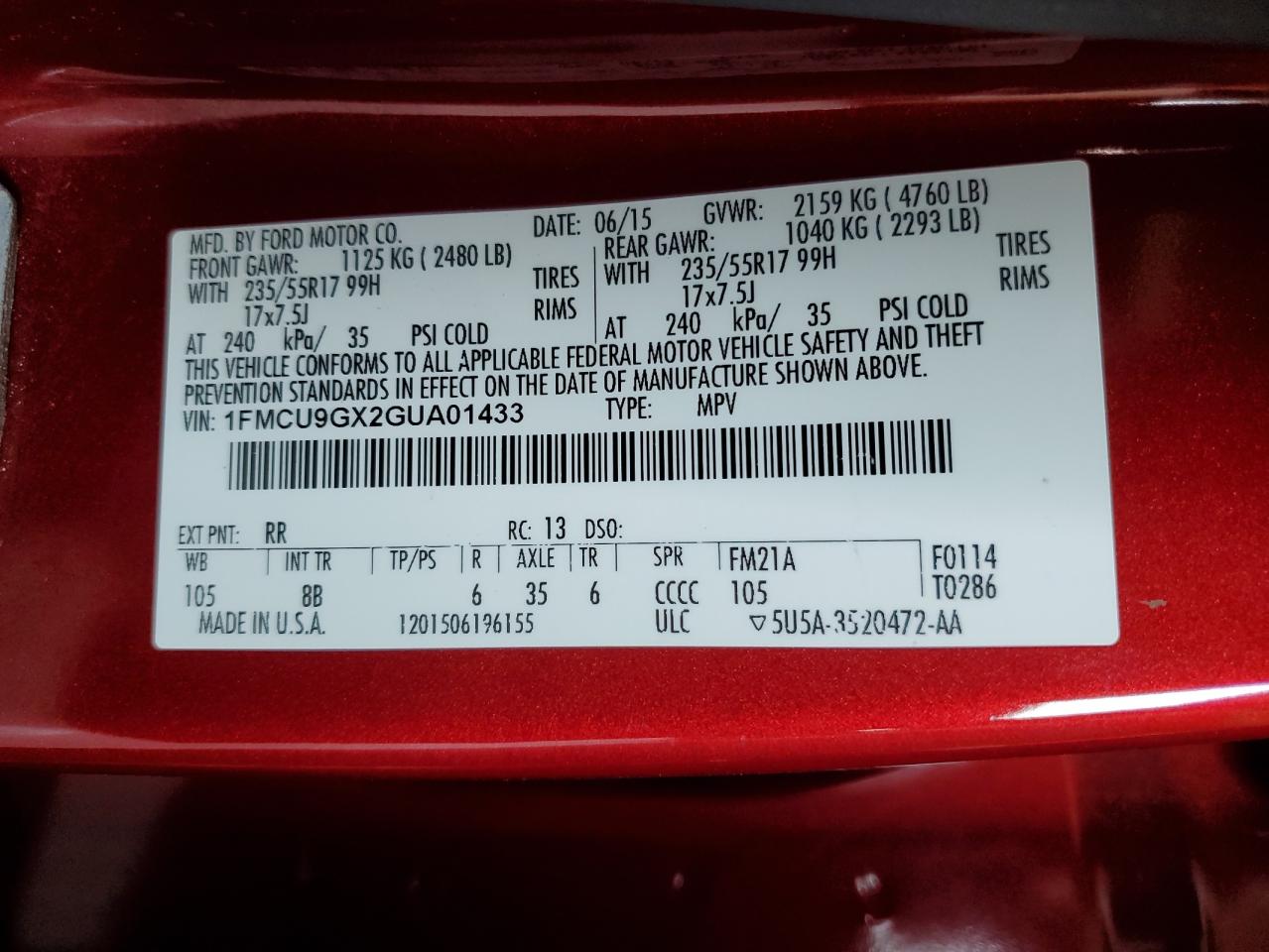 2016 Ford Escape VIN 1FMCU9GX2GUA01433 Copart auction photo, front end damage thumbnail 14