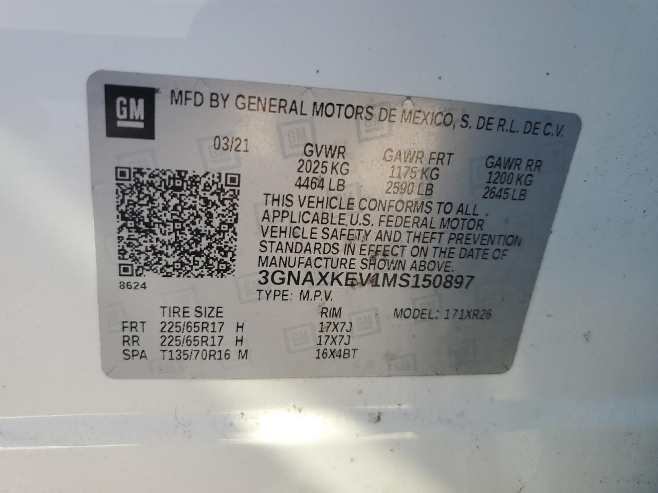 2021 Chevrolet Equinox VIN 3GNAXKEV1MS150897 Copart auction photo, water/flood damage thumbnail 14