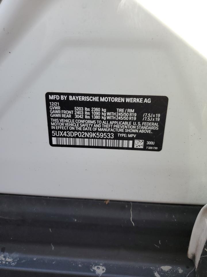 2022 BMW X3 VIN 5UX43DP02N9K59533 Copart auction photo, water/flood damage thumbnail 13