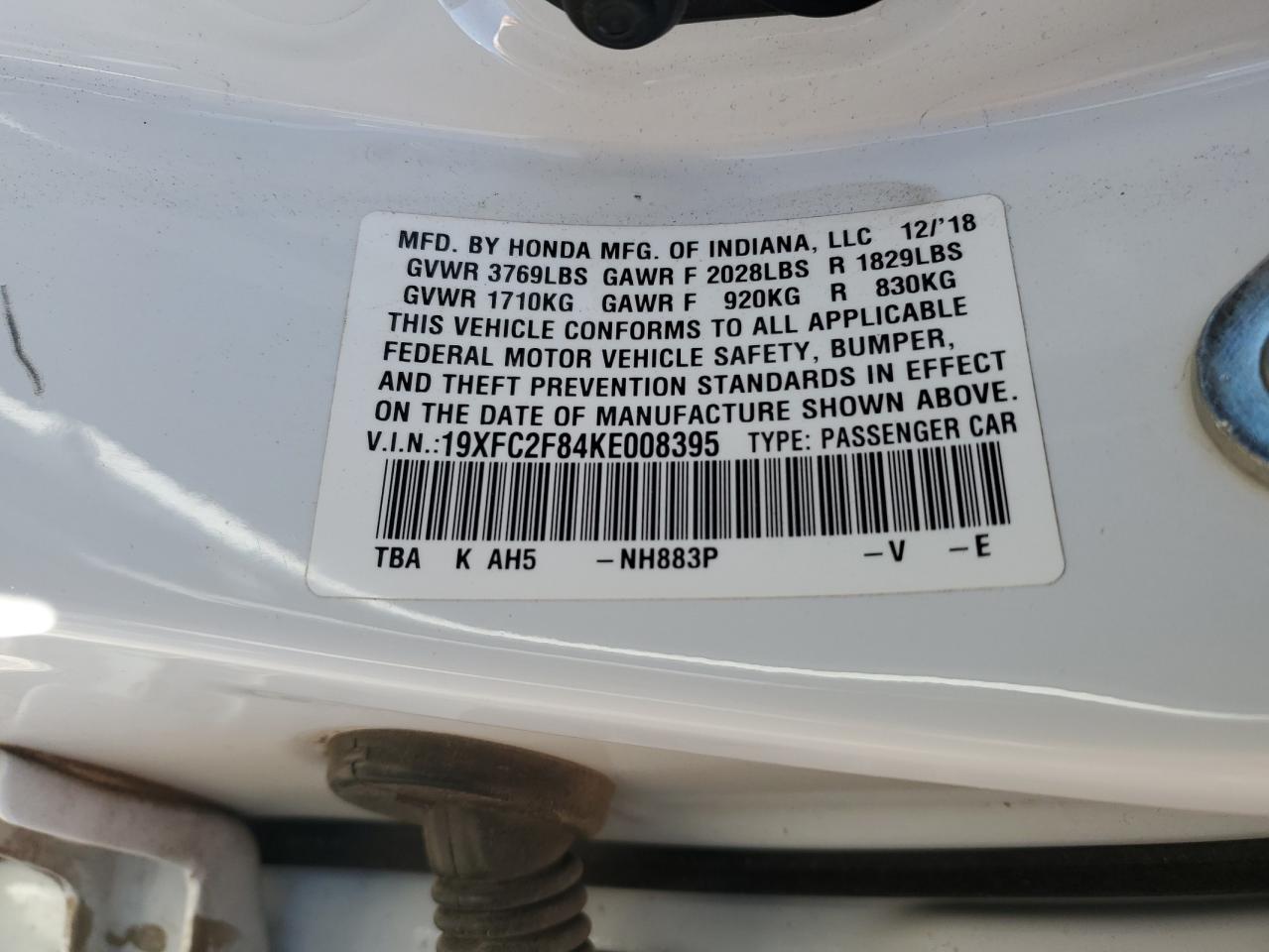 2019 Honda Civic VIN 19XFC2F84KE008395 Copart auction photo, front end damage thumbnail 14