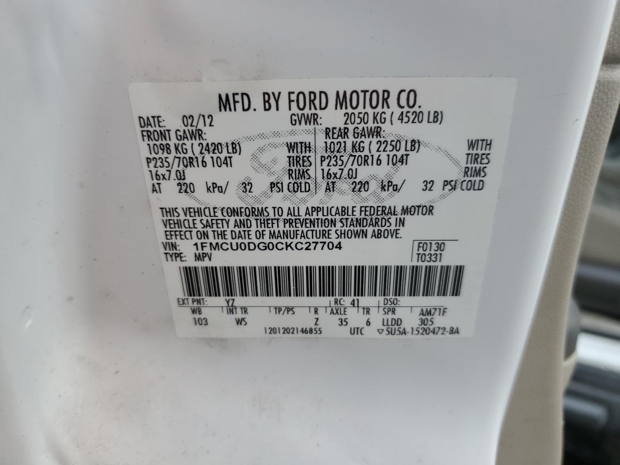 2012 Ford Escape VIN 1FMCU0DG0CKC27704 Copart auction photo, side / minor dent/scratches damage thumbnail 14
