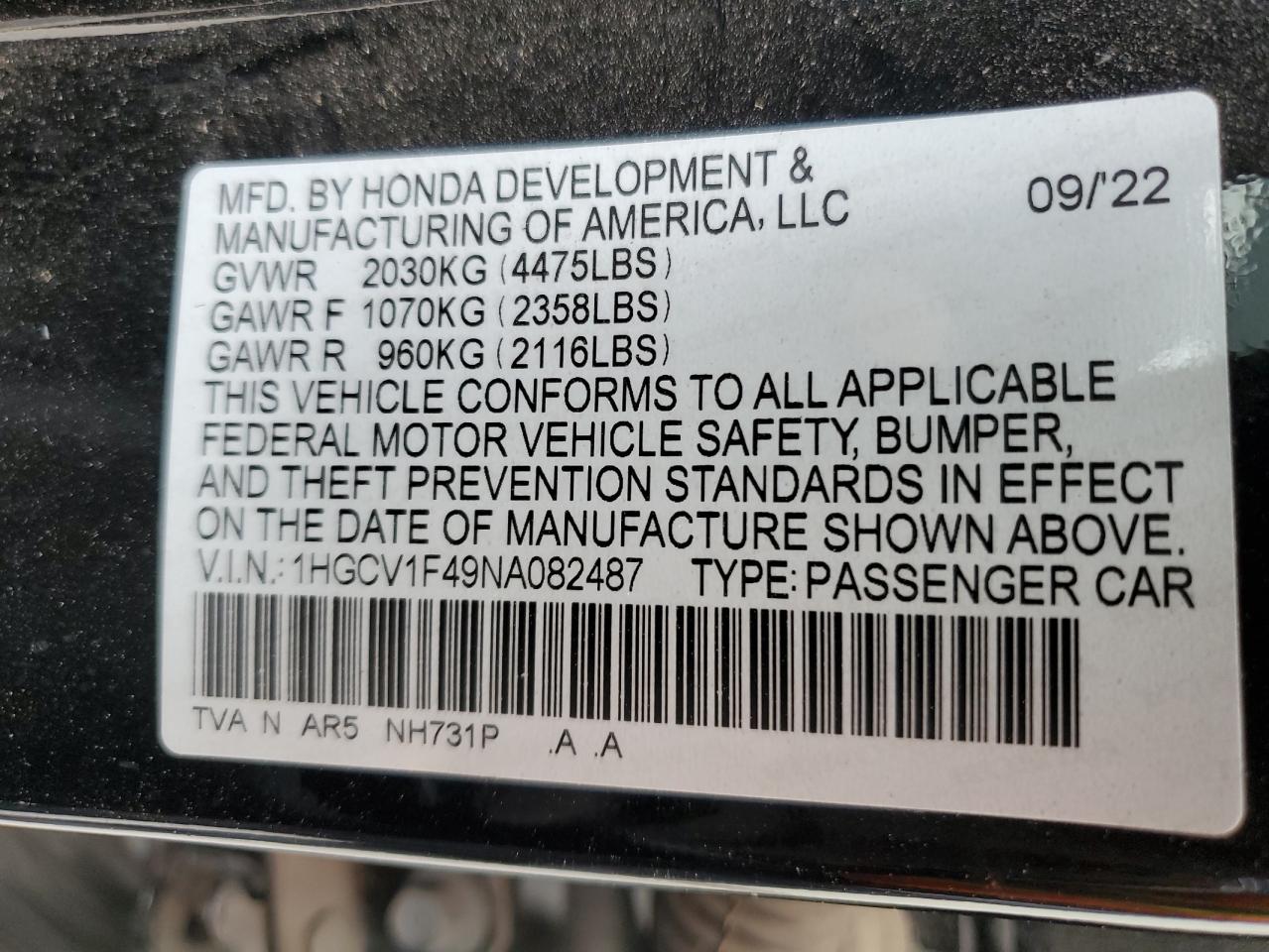 2022 Honda Accord VIN 1HGCV1F49NA082487 Copart auction photo, front end / minor dent/scratches damage thumbnail 12
