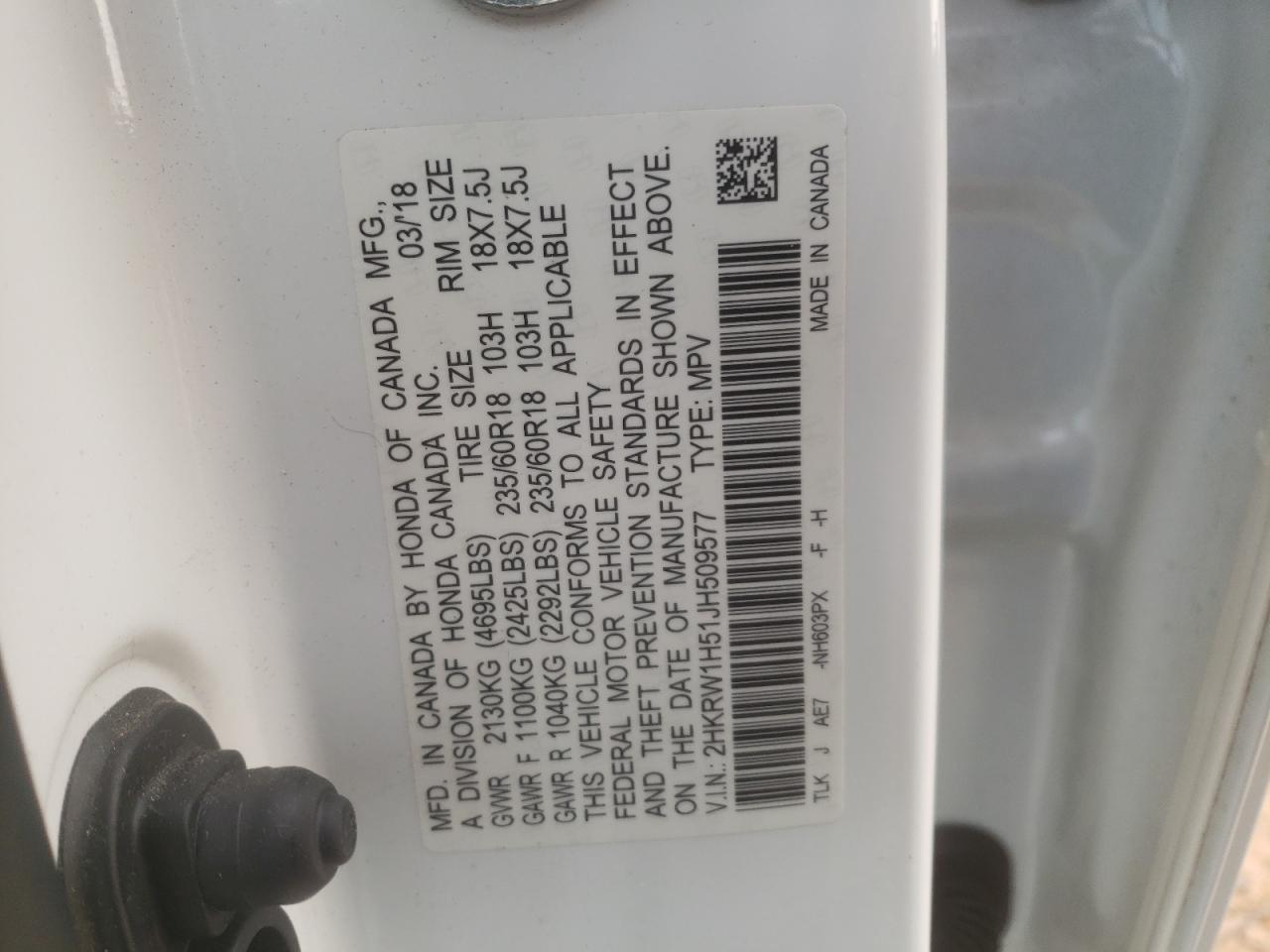 2018 Honda CR-V VIN 2HKRW1H51JH509577 Copart auction photo, side / front end damage thumbnail 15