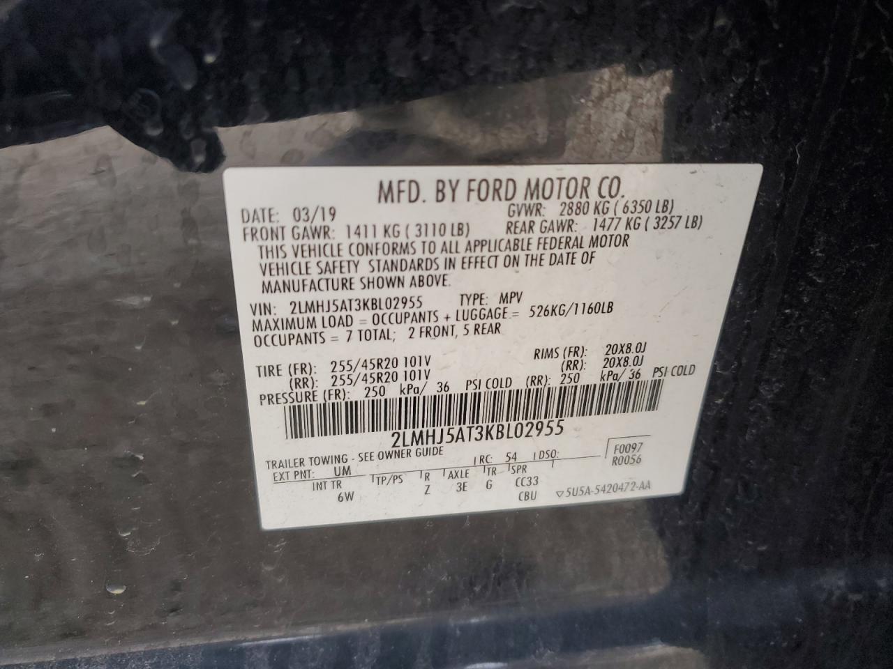 2019 Lincoln MKT VIN 2LMHJ5AT3KBL02955 Copart auction photo, mechanical / minor dent/scratches damage thumbnail 12