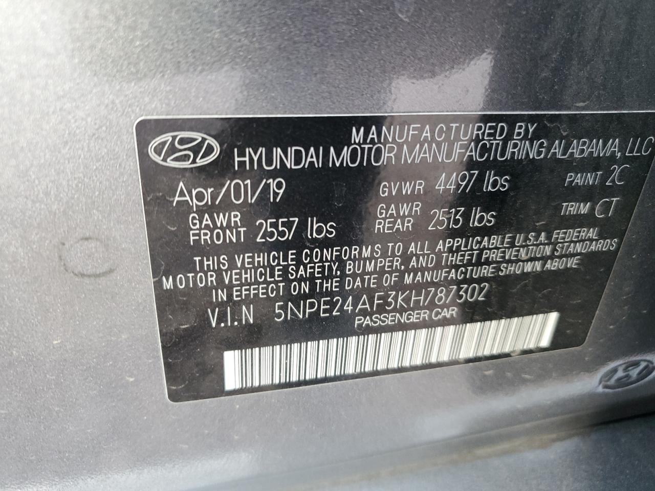 2019 Hyundai Sonata VIN 5NPE24AF3KH787302 Copart auction photo, front end damage thumbnail 12