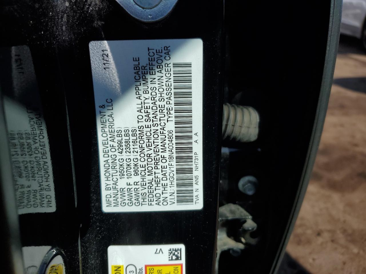 2022 Honda Accord VIN 1HGCV1F18NA004806 Copart auction photo, rear end / front end damage thumbnail 12