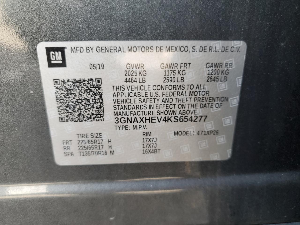 2019 Chevrolet Equinox VIN 3GNAXHEV4KS654277 Copart auction photo, front end damage thumbnail 14