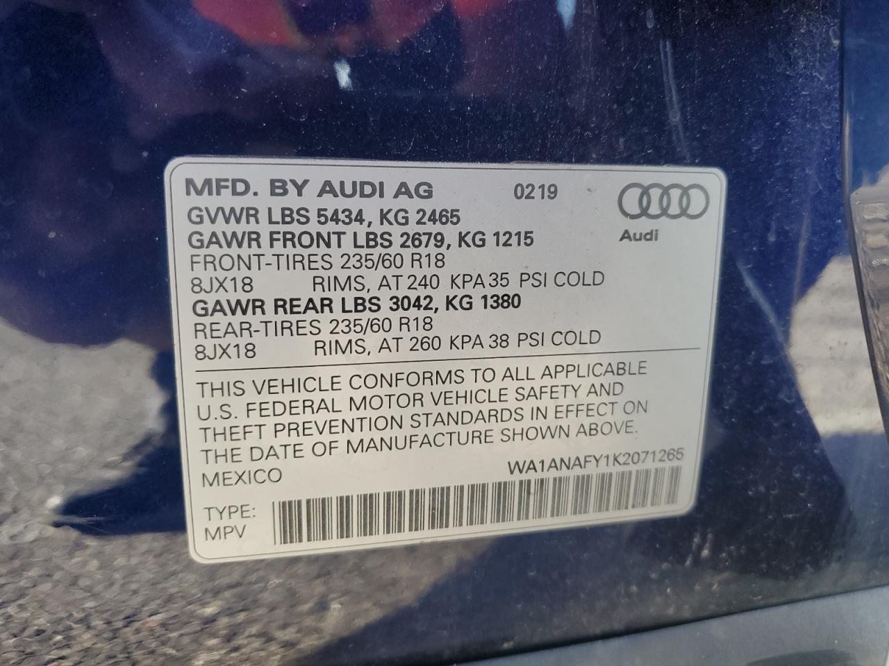 2019 Audi Q5 VIN WA1ANAFY1K2071265 Copart auction photo, front end damage thumbnail 14