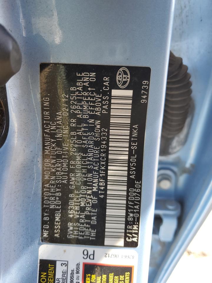 2012 Toyota Camry VIN 4T4BF1FKXCR194332 Copart auction photo, front end / side damage thumbnail 12