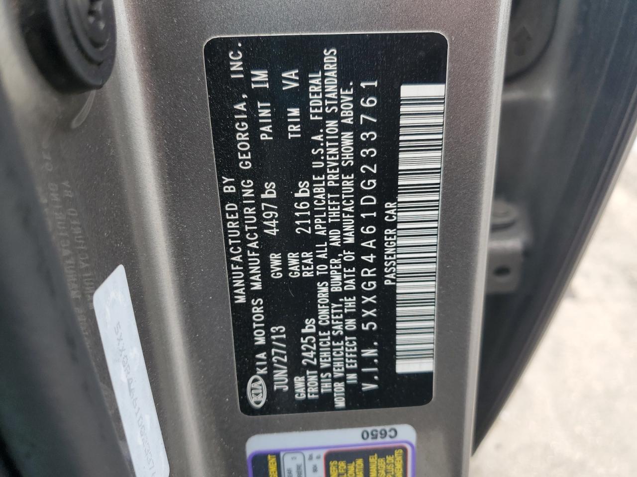 2013 KIA Optima VIN 5XXGR4A61DG233761 Copart auction photo, front end / hail damage thumbnail 13