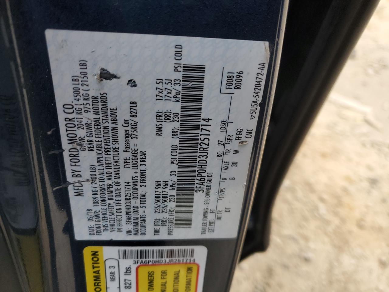 2018 Ford Fusion VIN 3FA6P0HD3JR251714 Copart auction photo, front end damage thumbnail 12
