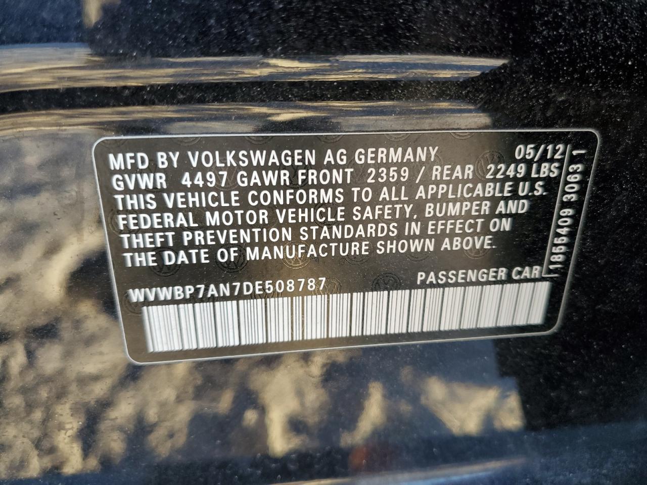 2013 Volkswagen Passat CC VIN WVWBP7AN7DE508787 Copart auction photo, front end / minor dent/scratches damage thumbnail 13