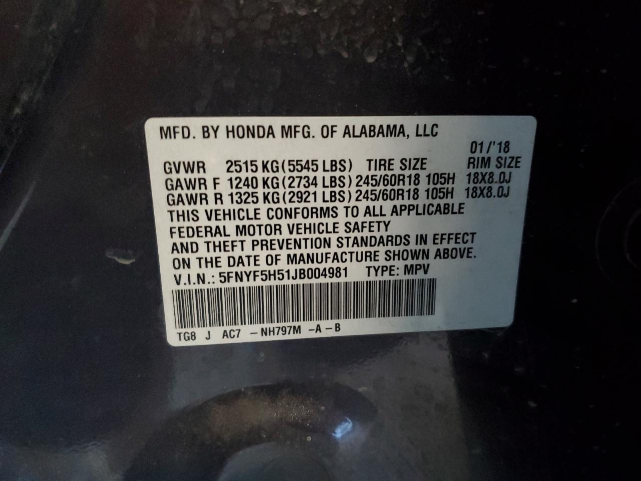 2018 Honda Pilot VIN 5FNYF5H51JB004981 Copart auction photo, rear end damage thumbnail 14
