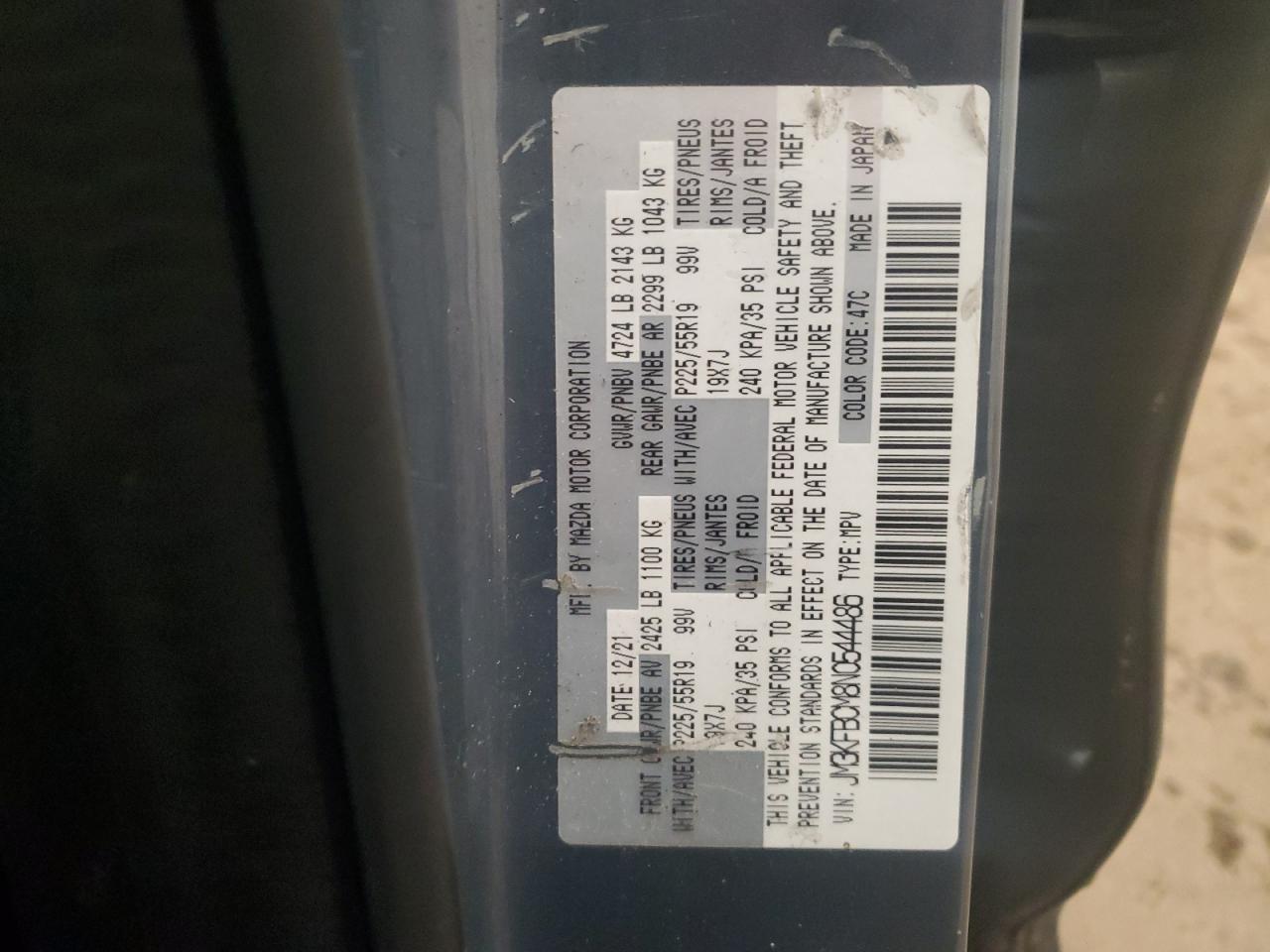 2022 Mazda CX-5 VIN JM3KFBCM8N0544486 Copart auction photo, all over damage thumbnail 14