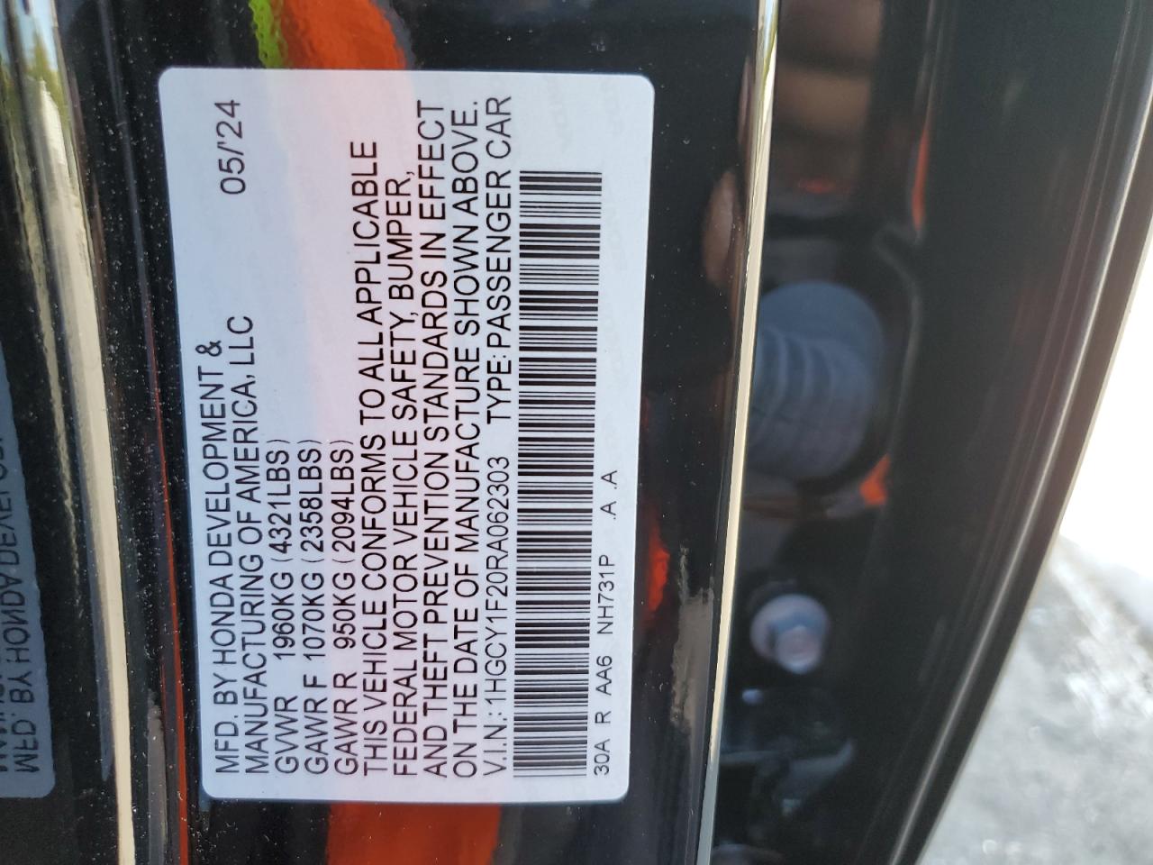 2024 Honda Accord VIN 1HGCY1F20RA062303 Copart auction photo, side / front end damage thumbnail 14