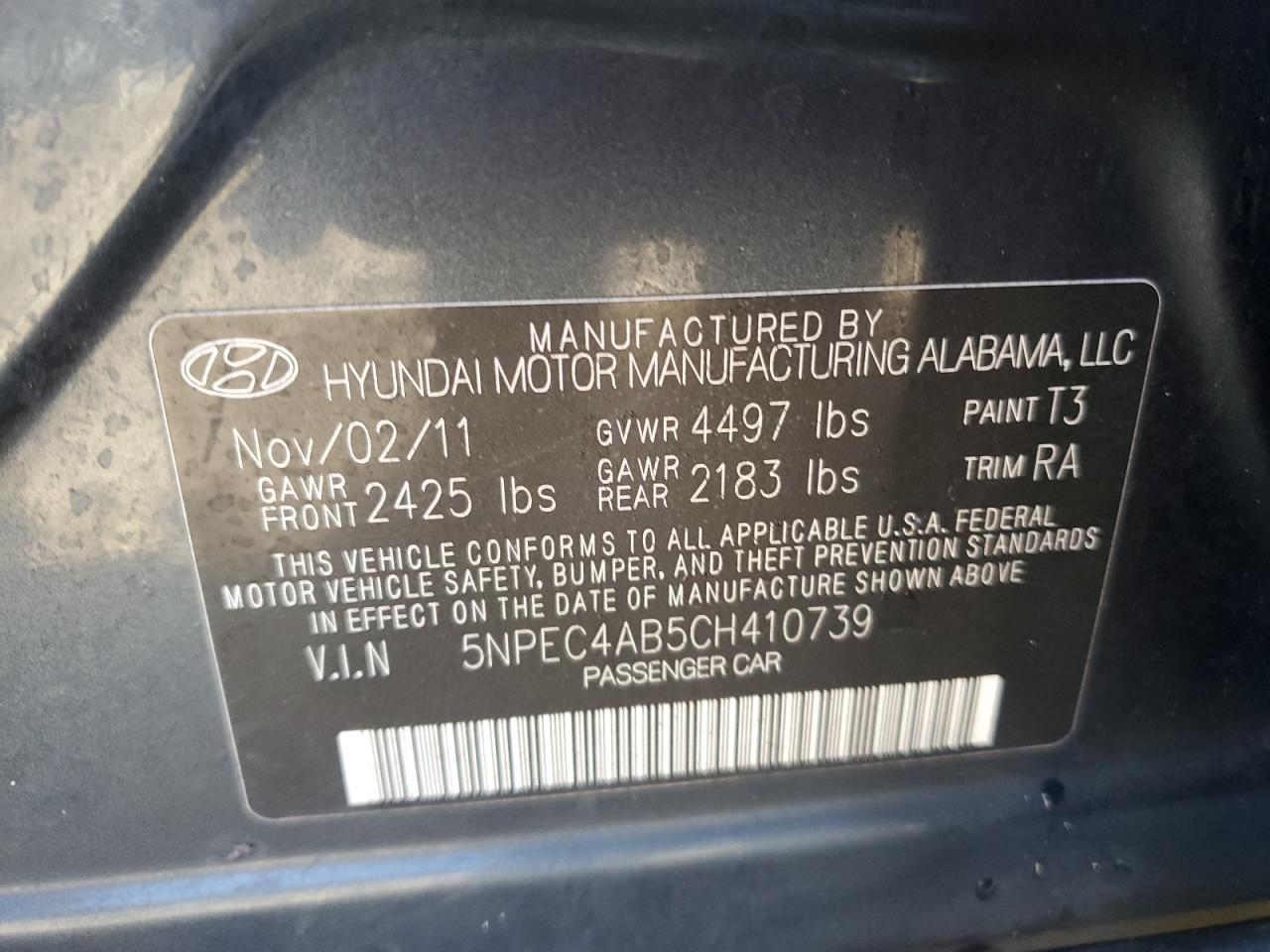 2012 Hyundai Sonata VIN 5NPEC4AB5CH410739 Copart auction photo, front end / minor dent/scratches damage thumbnail 12