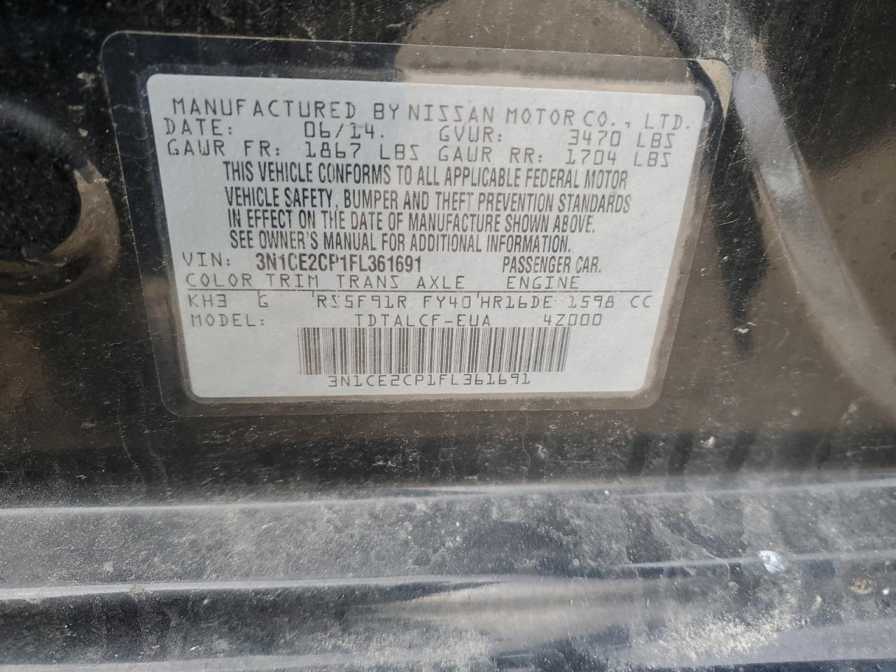 2015 Nissan Versa VIN 3N1CE2CP1FL361691 Copart auction photo, all over damage thumbnail 12