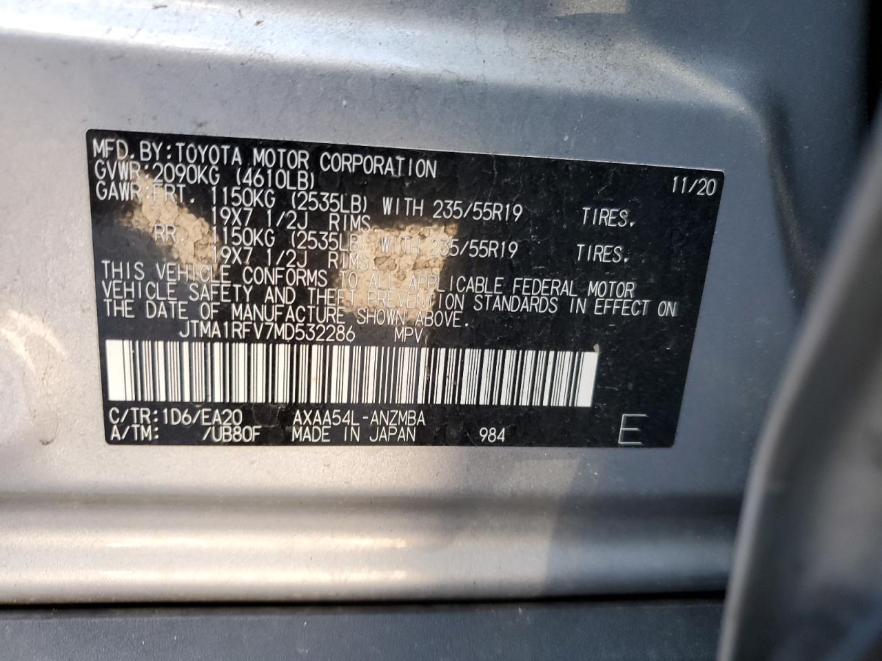 2021 Toyota RAV 4 VIN JTMA1RFV7MD532286 Copart auction photo, front end damage thumbnail 16