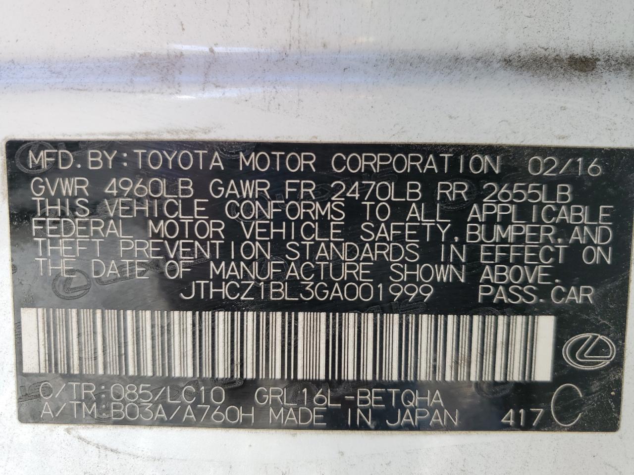 2016 Lexus GS VIN JTHCZ1BL3GA001999 Copart auction photo, front end damage thumbnail 14