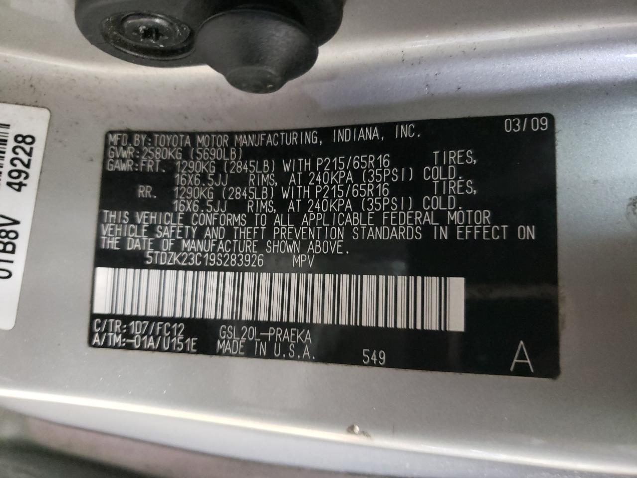 2009 Toyota Sienna VIN 5TDZK23C19S283926 Copart auction photo, front end damage thumbnail 14
