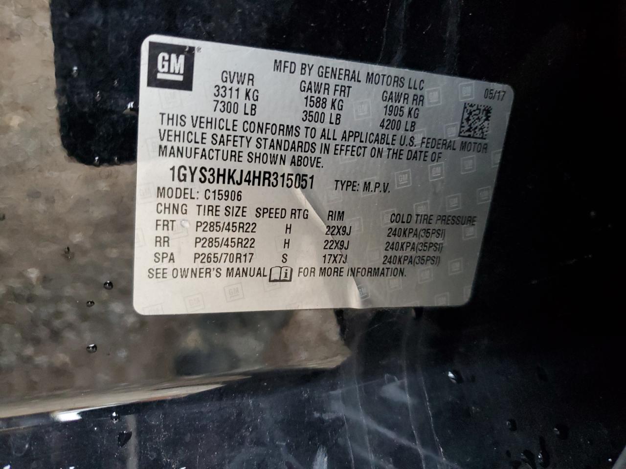 2017 Cadillac Escalade VIN 1GYS3HKJ4HR315051 Copart auction photo, normal wear damage thumbnail 13