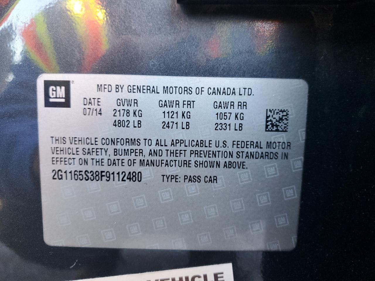2015 Chevrolet Impala VIN 2G1165S38F9112480 Copart auction photo, front end damage thumbnail 15