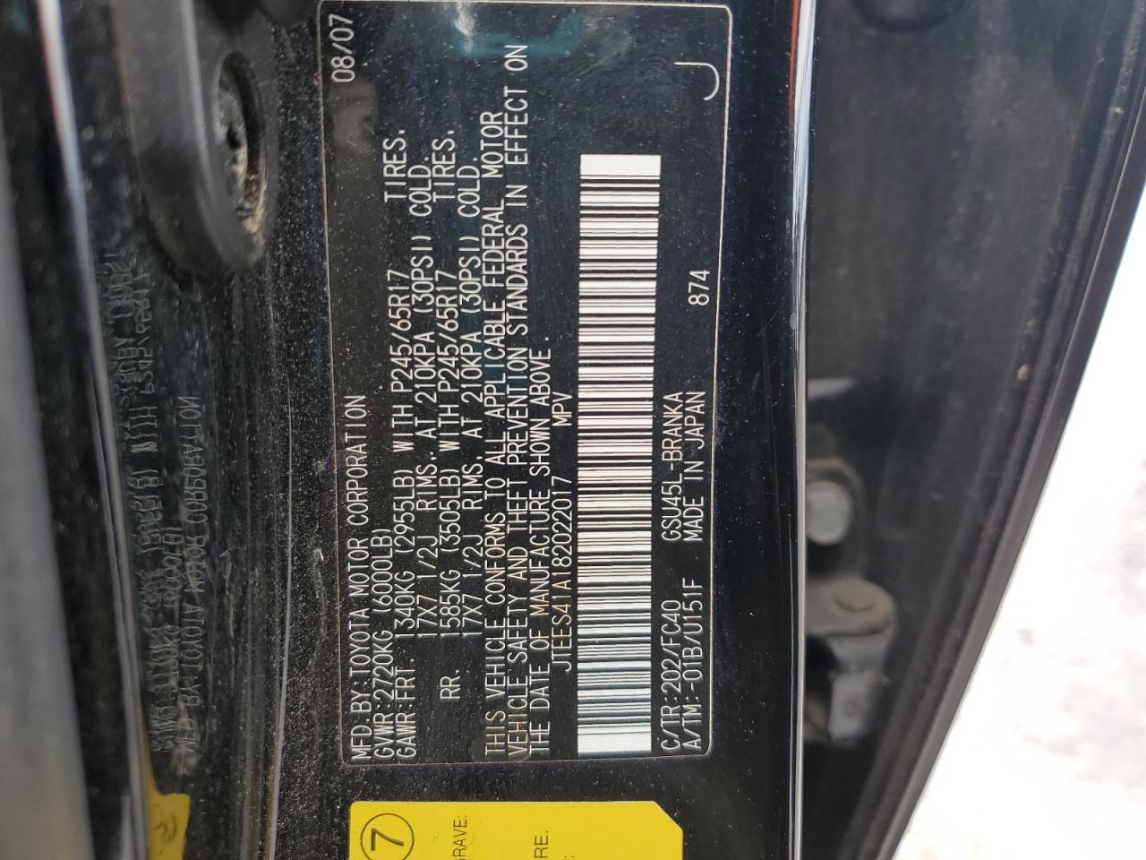 2008 Toyota Highlander VIN JTEES41A182022017 Copart auction photo, front end / side damage thumbnail 13