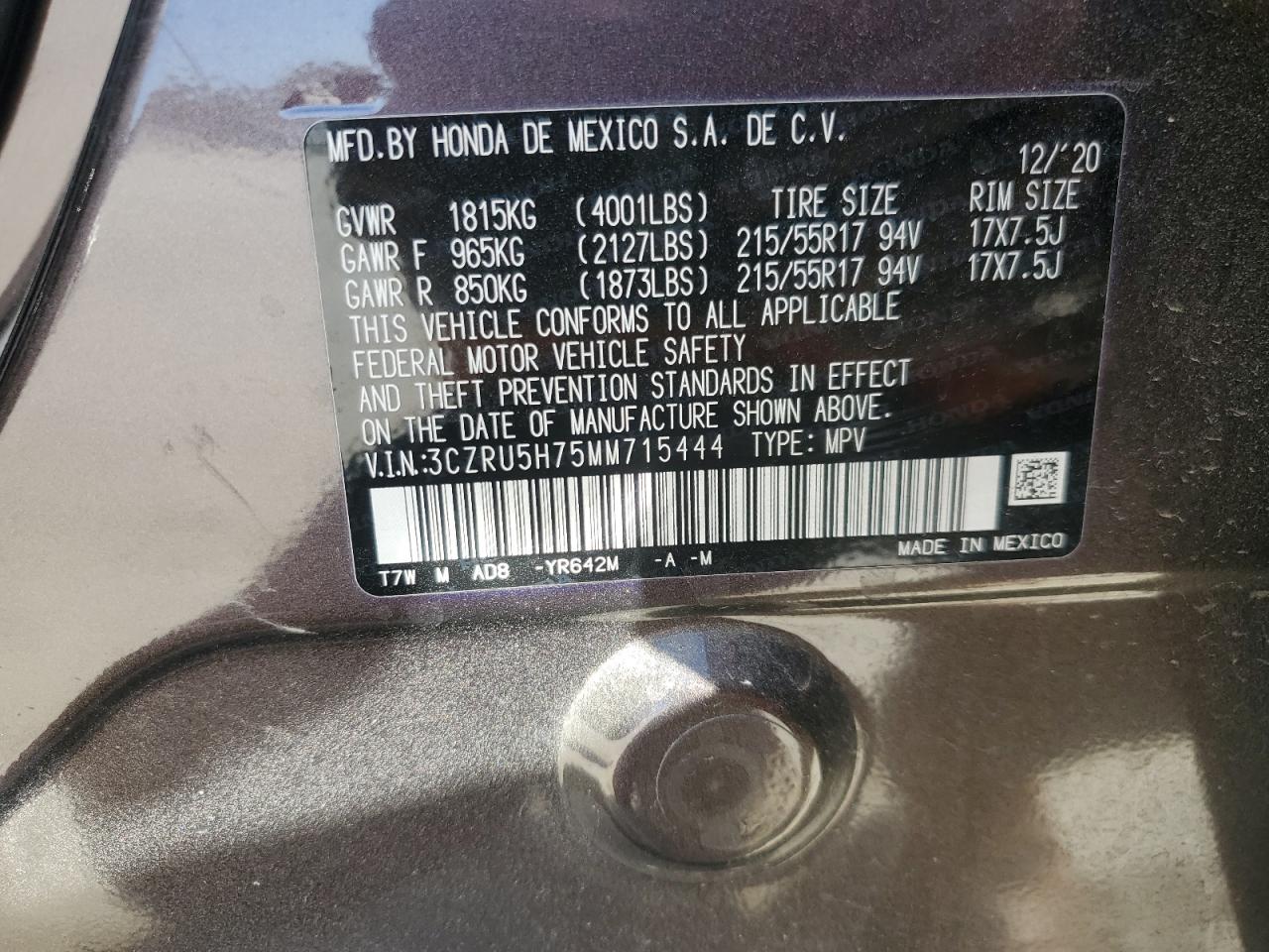 2021 Honda HR-V VIN 3CZRU5H75MM715444 Copart auction photo, all over damage thumbnail 13