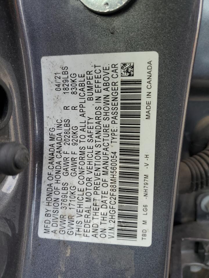 2021 Honda Civic VIN 2HGFC2F88MH560054 Copart auction photo, rear end / side damage thumbnail 12
