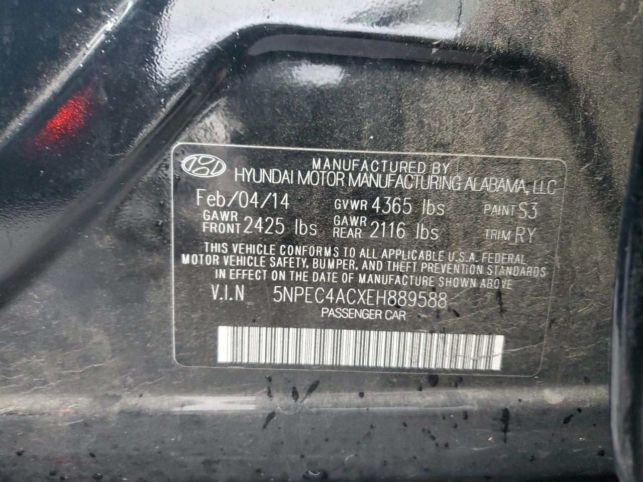 2014 Hyundai Sonata VIN 5NPEC4ACXEH889588 Copart auction photo, front end damage thumbnail 12