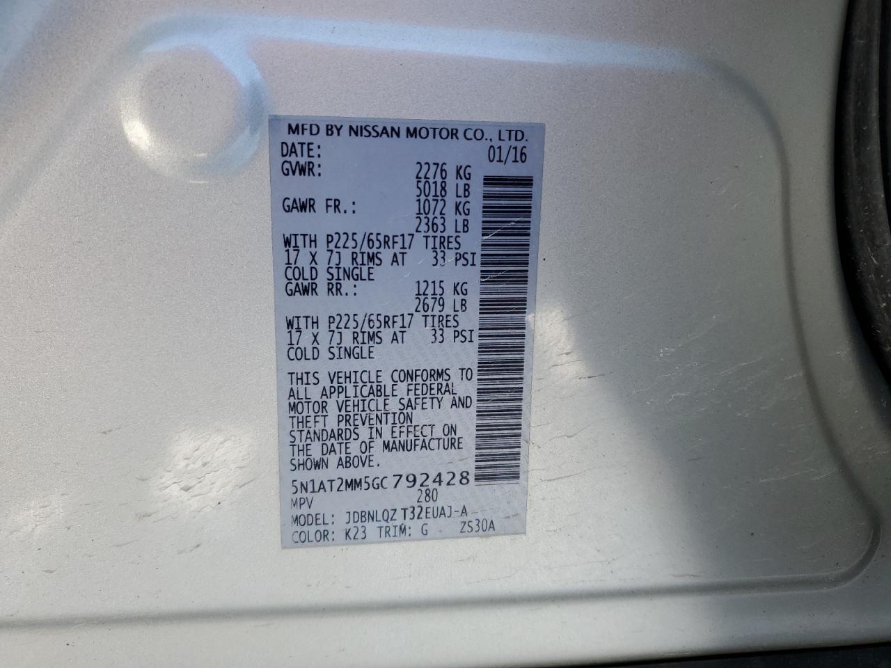 2016 Nissan Rogue VIN 5N1AT2MM5GC792428 Copart auction photo, front end / mechanical damage thumbnail 14
