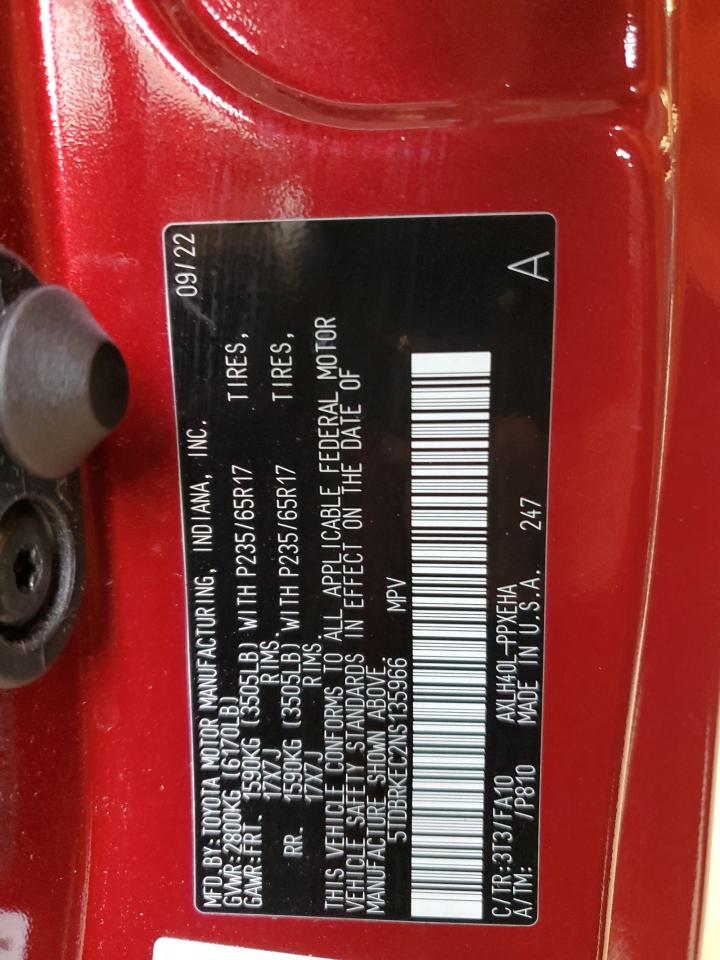2022 Toyota Sienna VIN 5TDBRKEC2NS135966 Copart auction photo, rear end damage thumbnail 14