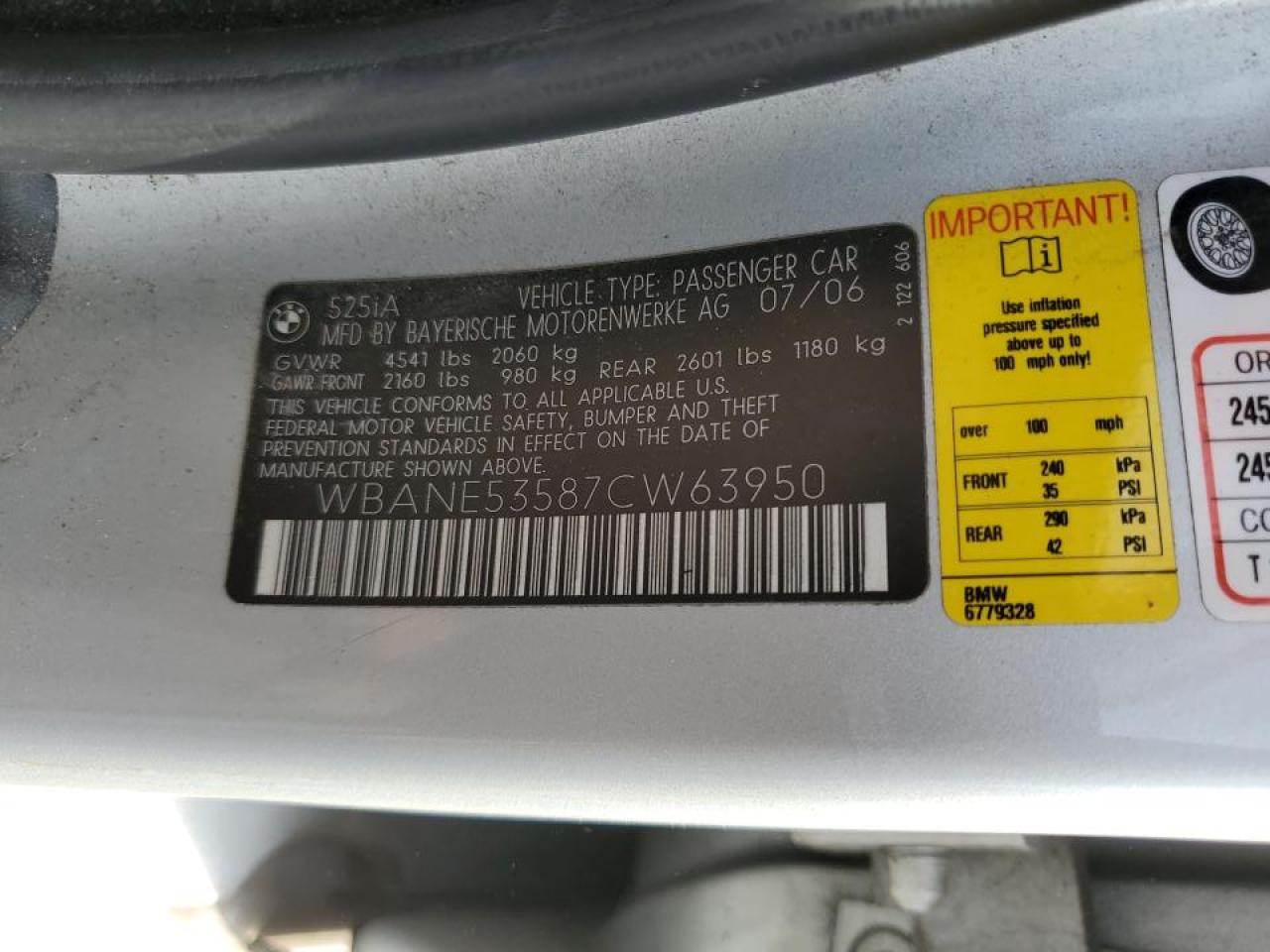 2007 BMW 5er VIN WBANE53587CW63950 Copart auction photo, rear end damage thumbnail 13