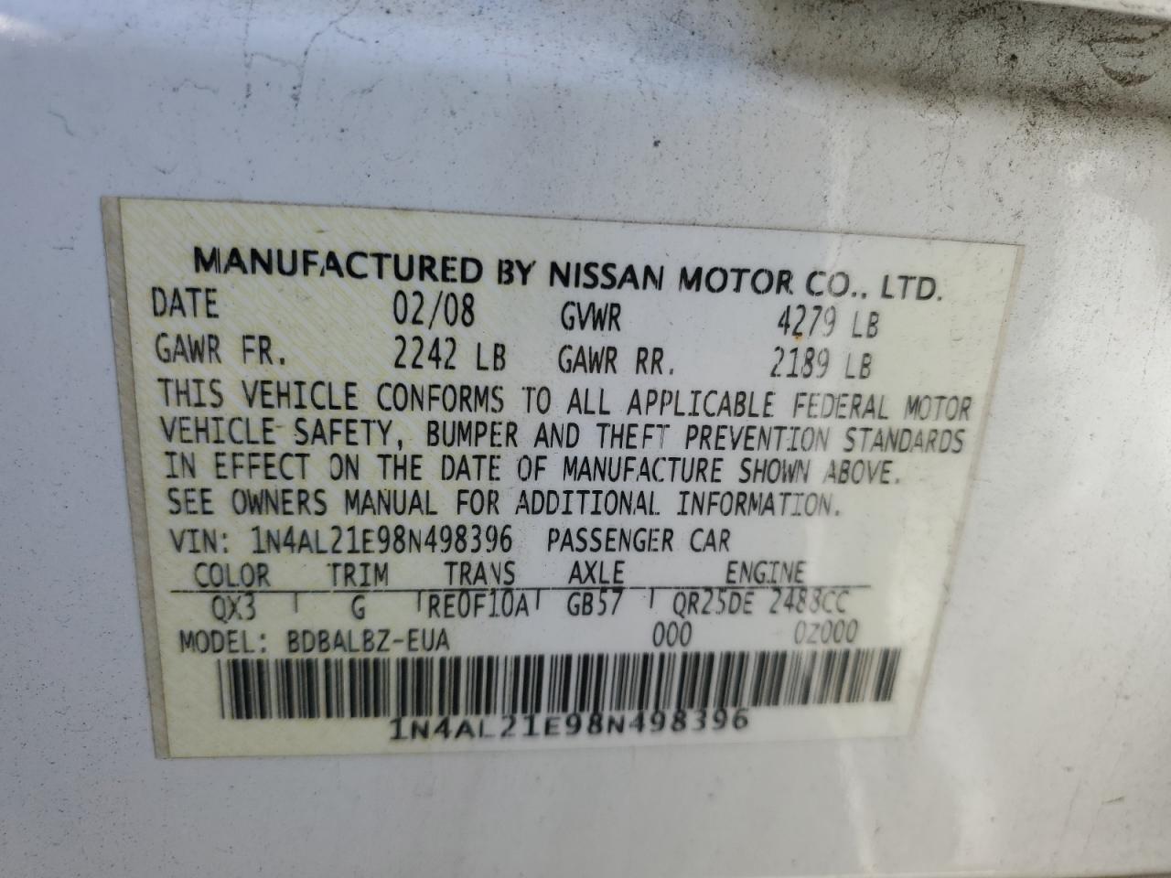 2008 Nissan Altima VIN 1N4AL21E98N498396 Copart auction photo, side damage thumbnail 12