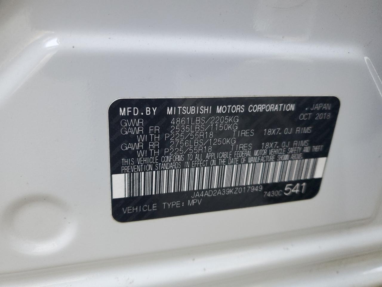 2019 Mitsubishi Outlander VIN JA4AD2A39KZ017949 Copart auction photo, front end damage thumbnail 15